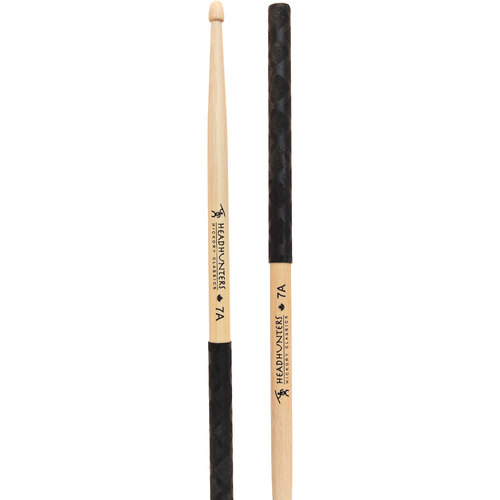 Headhunters Hickory Classic 7A Drum Sticks with Wood Tip & Black-X Grip (1-Pair)